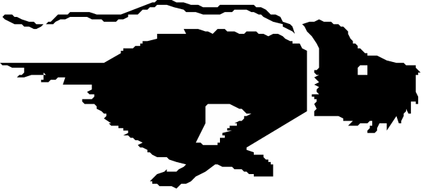 The image shows a black silhouette of an animal with two horns on its head against a grey background.