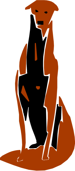 The image shows a red silhouette of an animal standing upright against a black background with white stripes on either side.