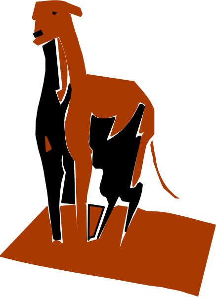 The image shows a red silhouette of an animal that resembles a horse standing on its hind legs against a black background with white edges.