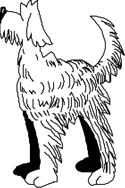 The black and white illustration shows a dog standing on its hind legs with front paws raised as if it's waving at someone.