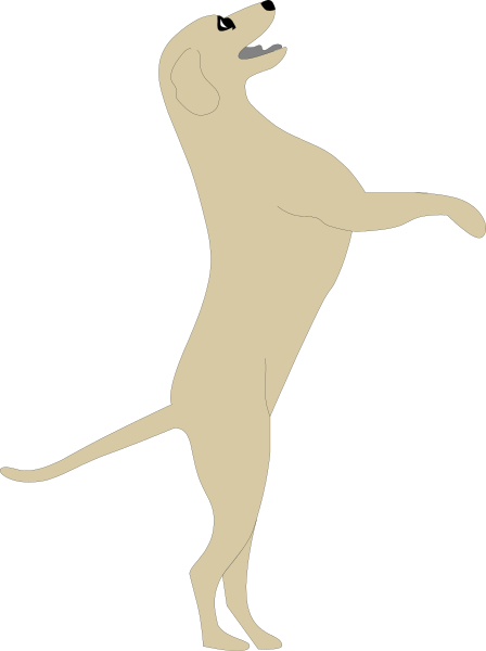 The image shows a cartoon dog standing on its hind legs with front paws raised as if dancing against a black background.