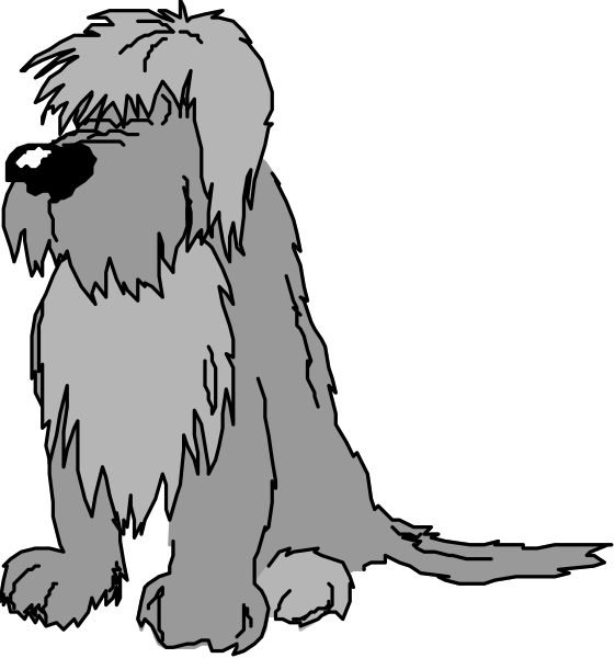 The image shows a black and white cartoon of two dogs: on top is an upright dog with shaggy fur looking upwards; below it is another large dog sitting down in profile view facing leftward, also appearing to be attentive upwardly.