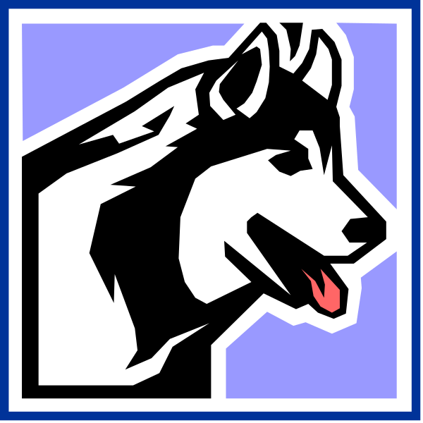 The image shows two logos of a dog's head with different expressions: on top is an alert-looking husky face in blue against white background; below it is another similar logo but this one has its tongue sticking out, suggesting playfulness and relaxation.