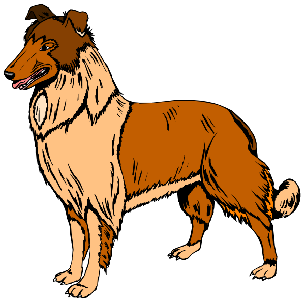 The illustration shows two dogs: a large brown dog with white markings on its face and chest standing upright to the left of another smaller red-brown dog that is sitting down in front of it.