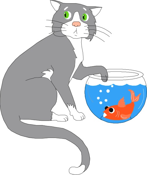 The illustration shows a gray cat sitting on top of an aquarium with two fish inside it; there is no human present in this image.
