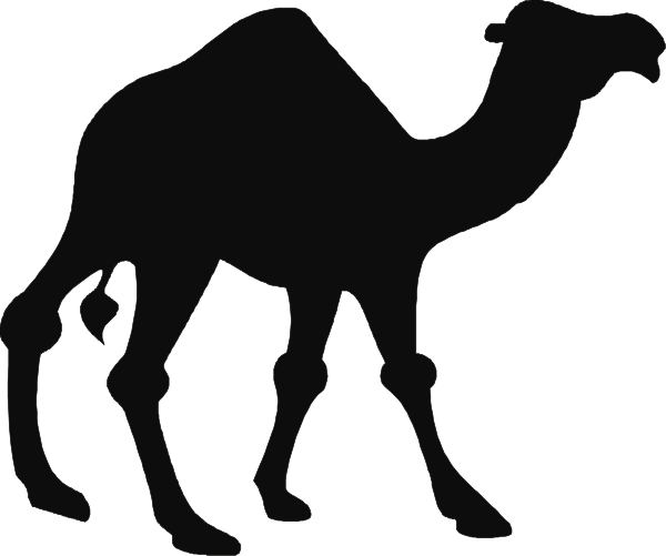 The black silhouette of a camel standing next to an ostrich on what appears to be desert sand with mountains in the background.