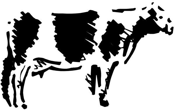 The black and white illustration shows a horse with its head turned to look at something off frame while standing next to another animal that appears to be an elephant in profile view; both creatures have their trunks raised, suggesting movement or interaction between them.