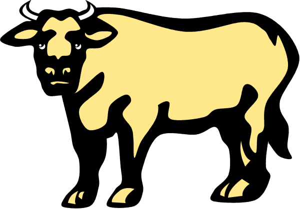 The image shows a black and white illustration of an animal that resembles a cow with horns standing on two legs in front of what appears to be grass.
