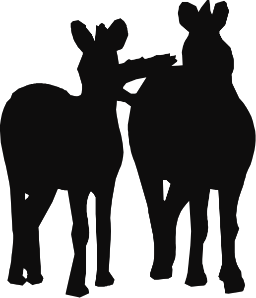The black silhouette of a horse standing next to another horse with its head turned towards it on what appears to be an outdoor surface at nighttime.