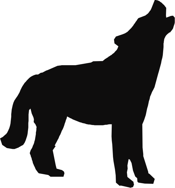 The image shows a black silhouette of an upright wolf with its mouth open as if howling on either side of two vertical lines that could represent bars in front of it; there is no background detail provided, so I cannot comment further about setting or additional objects within this limited viewpoint.