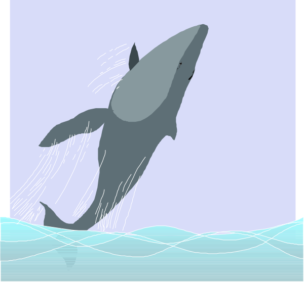 The image shows a gray whale swimming through water with waves around it under an overcast sky.