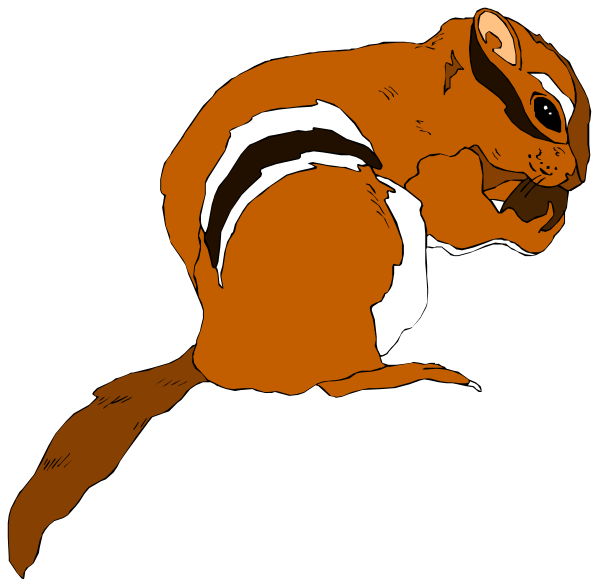 The image shows a cartoon of two squirrels: an orange one with white stripes on its back standing upright in front of another brown squirrel that is sitting down looking at it.