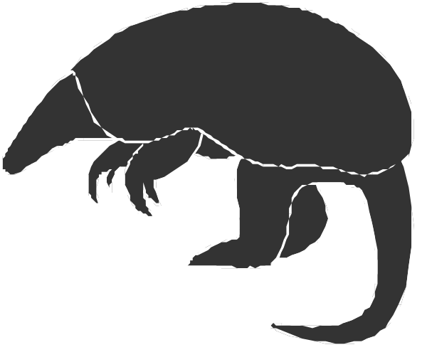 The black and white line drawing shows a cartoon depiction of an armadillo with its head turned to look at something off-frame while standing on two legs in what appears to be grassy terrain.