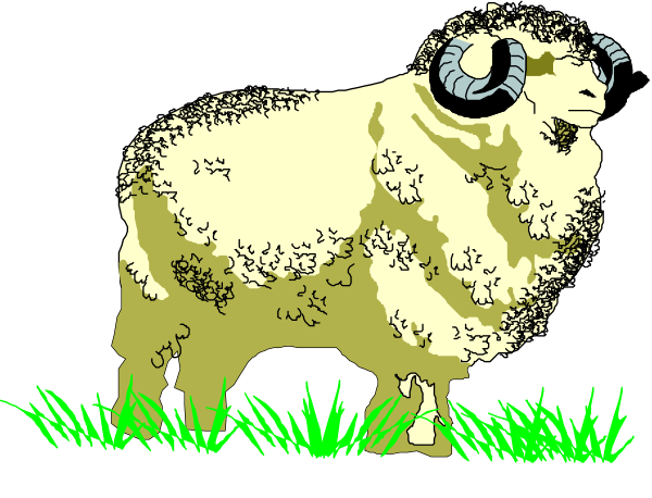 The image shows a black and white illustration of an animated sheep standing on grass with horns curled upwards atop its head; it is facing towards the right side of the frame.