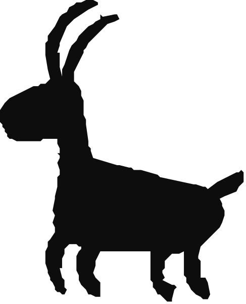 The black and white silhouette of a goat standing on two legs with horns atop its head is shown in this image.