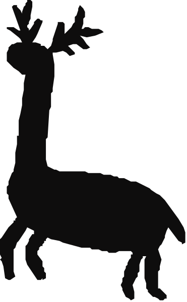 The image shows a black and white photo of an animal with antlers standing next to what appears to be another smaller creature on its back in front of some trees.
