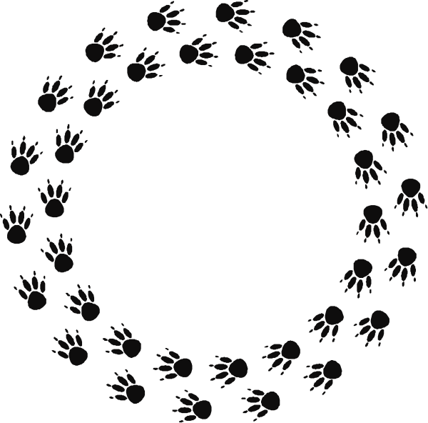 The black and white silhouette of a wolf pack with paw prints around it forming an oval shape on what appears to be a circular background.