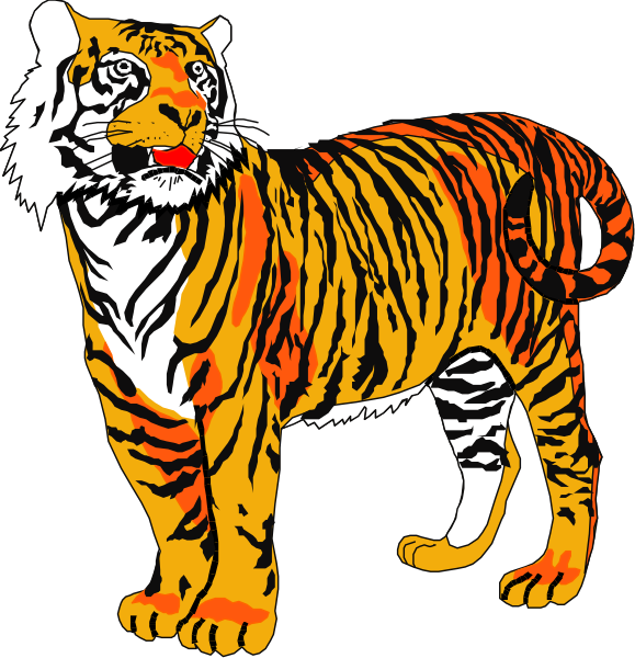 The images show two different illustrations of a tiger: on top left is an orange tabby cat with stripes; bottom right depicts a realistic-looking Bengal tiger in its natural habitat standing upright, and it's wearing a red collar around neck.