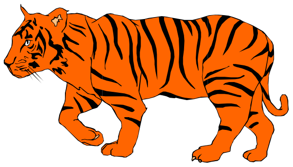 The image shows a cartoon of an orange tiger walking on all fours with its head turned to look back over its shoulder at something off-frame.