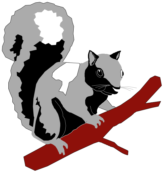 The image shows a cartoon of two squirrels: on top is an alert gray squirrel with white fur inside its ears; below it sits another brown squirrel wearing sunglasses next to a tree branch, which has been cut off and placed upright in front of the first.