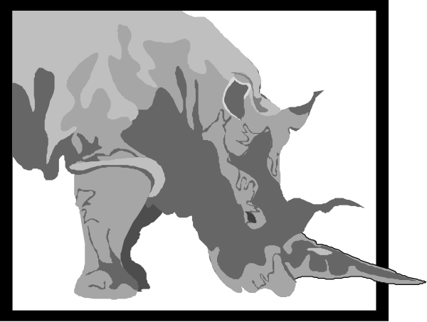 The image shows a black and white illustration of an elephant standing next to two windows with bars on them; there is also another window in front of which stands a rhino-like creature that appears to be eating from it, suggesting this might represent some sort of feeding or interaction between the animals.