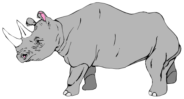 The image shows a cartoon of an African rhinoceros standing upright on two legs with its head turned to look at something off-camera.
