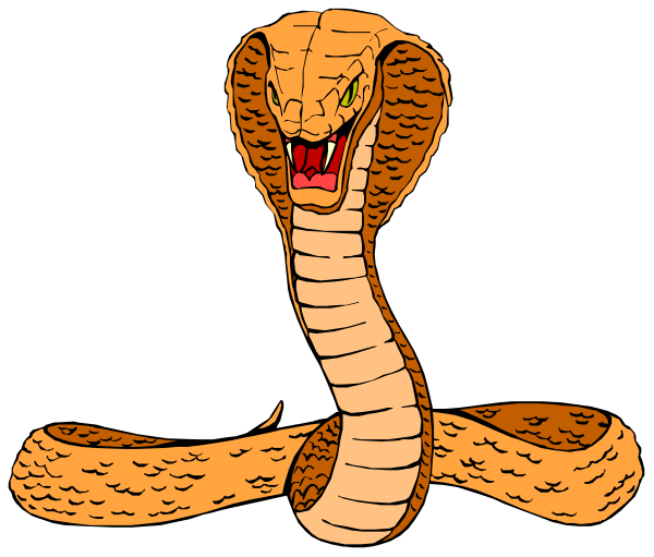 The image shows a cartoon depiction of an animated snake with humanoid features such as arms and legs, wearing pants, sitting on its tail in front of what appears to be another coiled snake that is also depicted anthropomorphically but without visible facial expression or limbs.