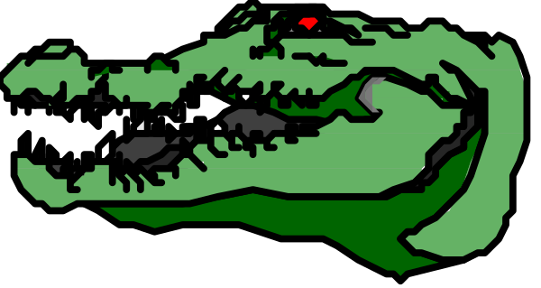 The image shows a cartoon alligator with an open mouth displaying sharp teeth against a black background.