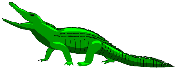 The image shows a green alligator with an open mouth on top of water against a dark background.