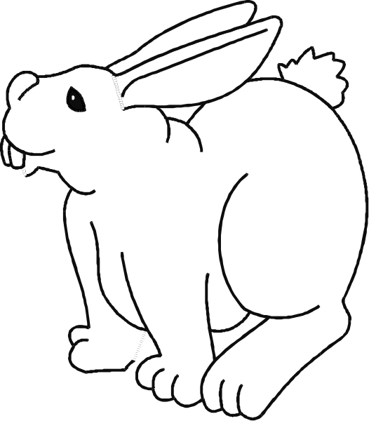 The black and white illustration shows a cartoon rabbit sitting upright on its hind legs with front paws extended forward as if it's in motion.