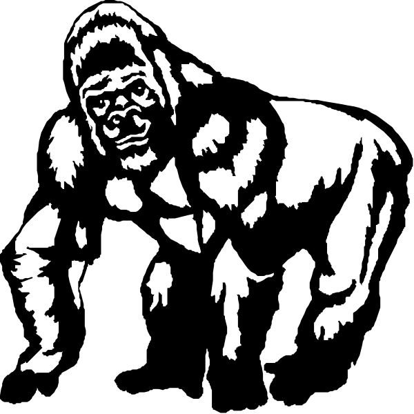 The black and white silhouette of a gorilla standing on its hind legs with arms outstretched as if walking uprightly in an urban environment.