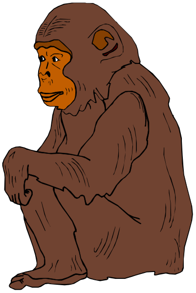 The image shows a cartoon of an orange monkey sitting on its haunches with hands clasped together between its legs in front of it.