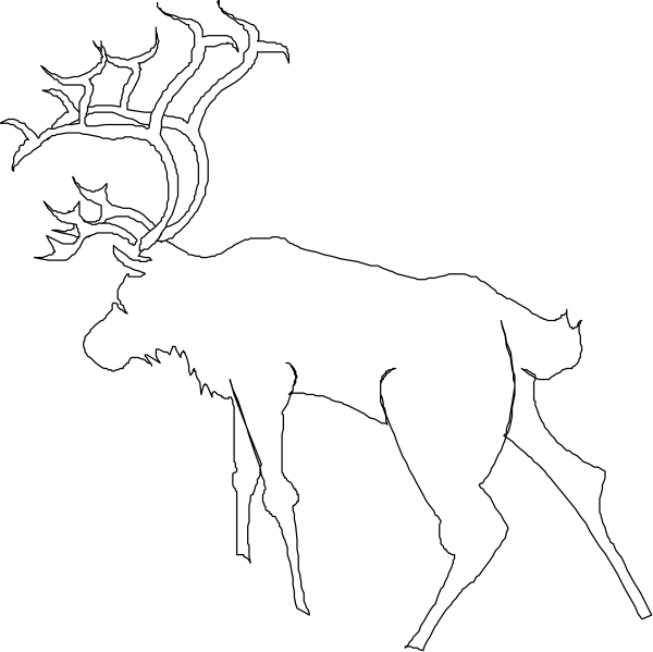The black and white silhouette of a moose with antlers standing on two legs against an empty background.