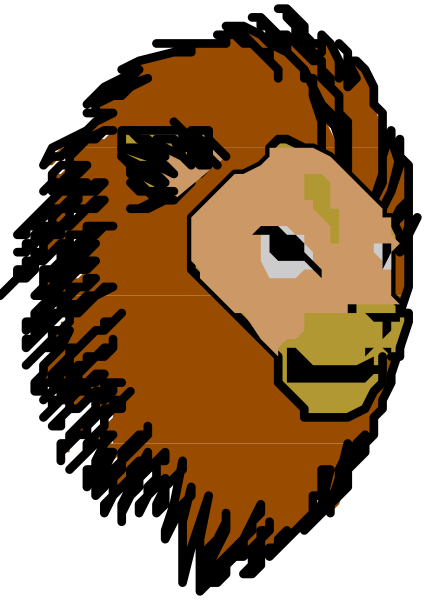 The image shows a pixelated lion's head with an open mouth peeking through what appears to be bars on either side of its face in front of a dark background.