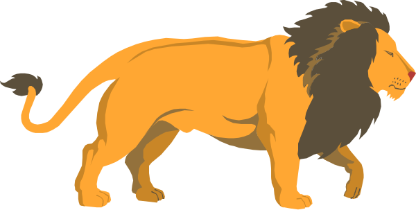 The image shows a cartoon lion standing on its hind legs with an upright tail against a plain background.