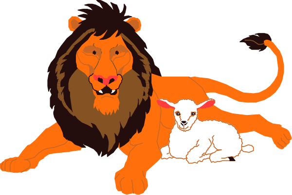 The image features a cartoon lion sitting next to an orange sheep with white spots on its back.