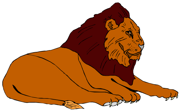 The image shows a cartoon of an orange lion lying down with its head resting on paws while looking up at another figure that appears to be standing above it; both characters have human-like features such as eyes, nose, and mouths but lack detailed facial expressions or hair.