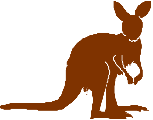The image shows a cartoon of an Australian kangaroo standing upright on its hind legs with what appears to be human-like arms holding something in front of it; there is no text present within this small clip-art image, and all elements depicted here remain consistent throughout without any significant changes.