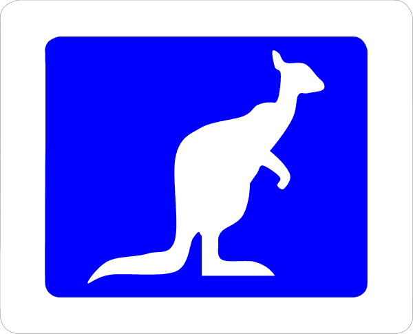 The image shows a sign with an icon of a kangaroo on it next to another symbol that appears to be for directions or information about wildlife in Australia.