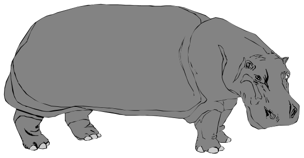 The black and white illustration shows a hippopotamus standing on its hind legs with two front arms raised upwards as if it's waving at something in an unidentified location.