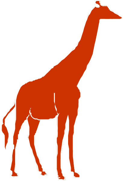 The image shows a red giraffe standing on two legs against a black background with white outlines of its body parts visible through transparent areas in each part where it is colored solidly orange-red.