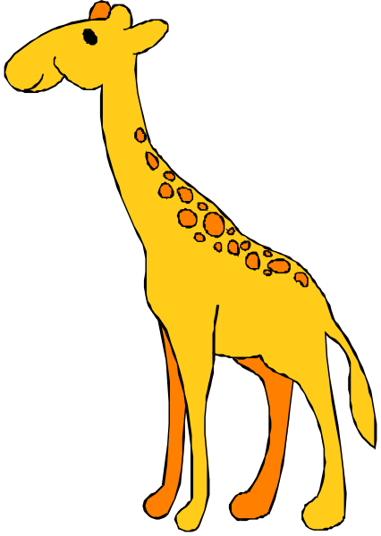 The image shows a cartoon giraffe standing on two legs against an orange background with black spots representing its patterned fur.