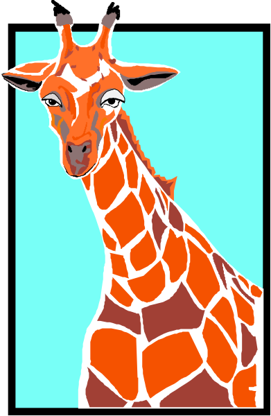 The image features a giraffe with orange spots standing against a blue background inside what appears to be an enclosure at a zoo.