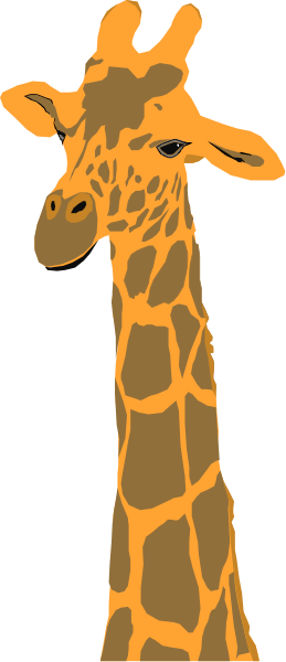 The image shows a cartoon giraffe standing upright with its neck stretched out against a gray background; it has brown spots on its body and is looking to one side of itself.