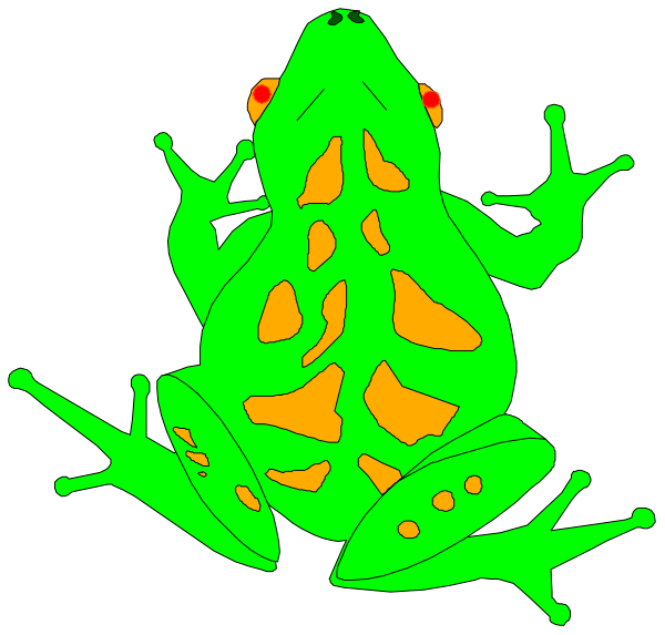 The image shows a cartoon frog with orange spots on its back sitting upright against an all black background.