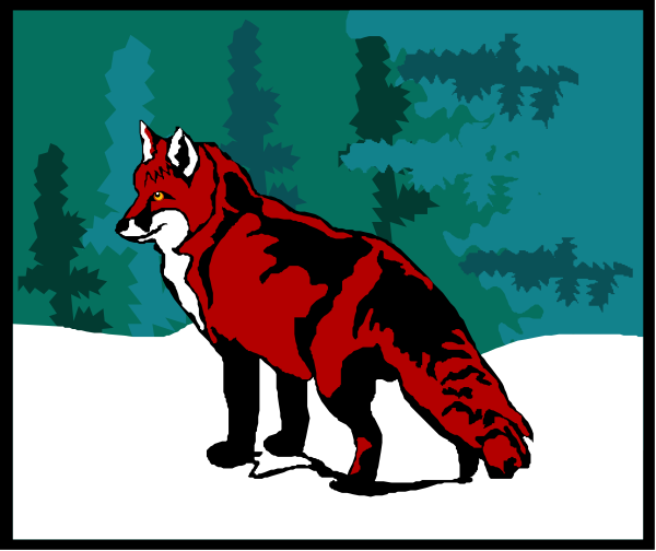 The image shows a red fox standing on snow with trees behind it; there is also an animated wolf character depicted within two panels of comic strips at top left corner.