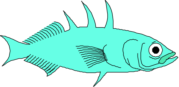 The image shows a cartoon fish with an exaggeratedly large eye swimming underwater against a dark background.