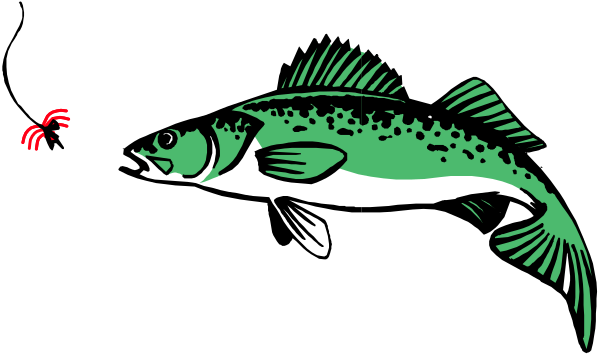 The image shows a cartoon fish with an open mouth swimming towards something red on its right side against a dark background.