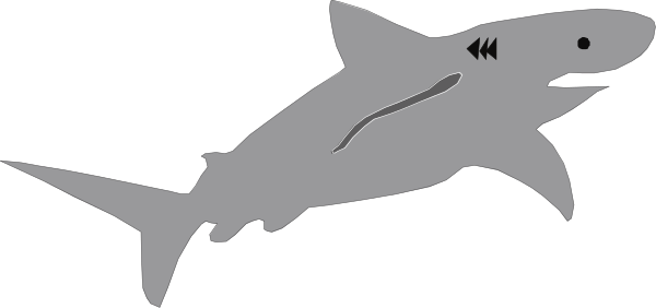 The image shows a stylized black silhouette of an adult shark with its mouth open against a white background.