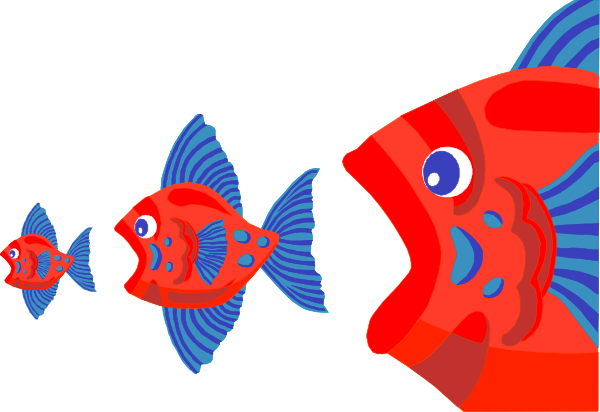 The image shows a colorful cartoon of three red fish with blue fins swimming together against a black background underwater stars.